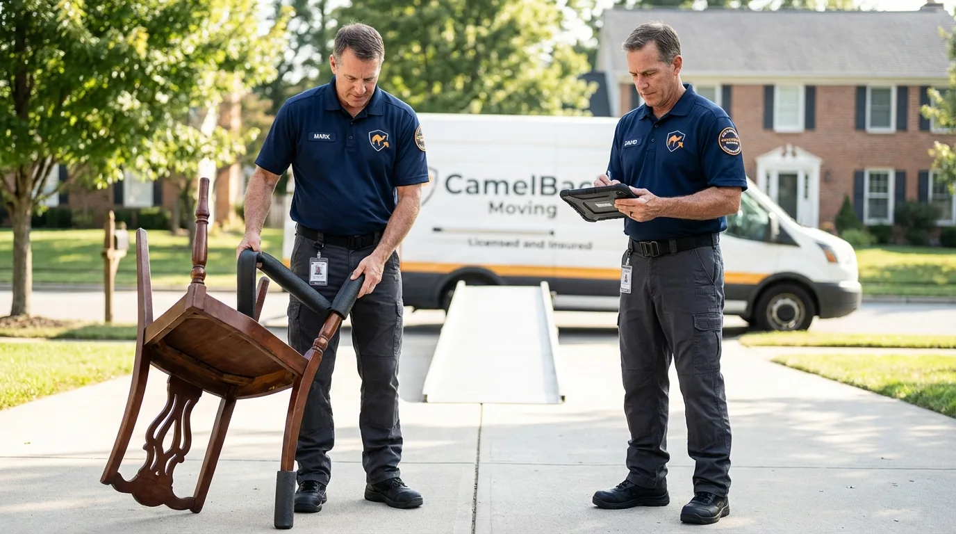 Movers inspecting furniture for damage prevention before loading in Monticello, NY