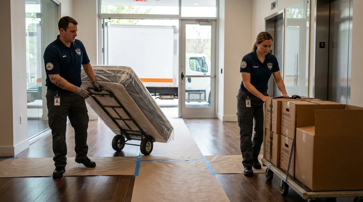 Professional apartment movers loading elevator in Monticello, NY