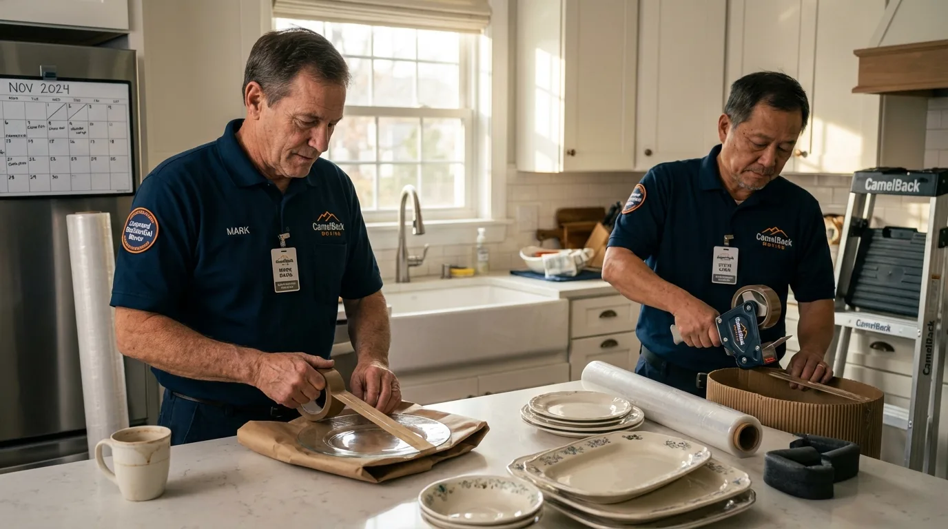 Professional crew packing kitchen dishware in Monticello, NY
